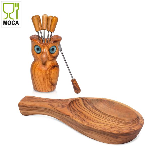 Tapas-Set Eule aus 100% Olivenholz – Handgefertigte Schale 22 cm - Eule mit 6 Snack- & Olivengabeln 12x8 cm - Made in Italy - Kratzfest - Unikat