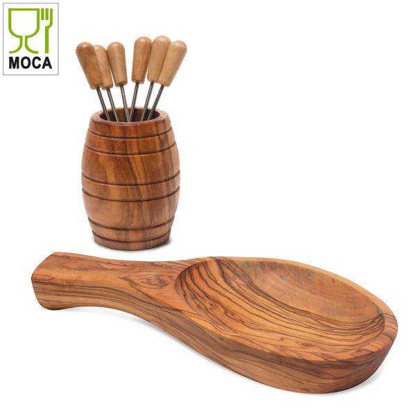 Tapas-Set aus Olivenholz - Handgefertigte Schale 22 cm & Fass mit 6 Snack-Gabeln - antibakteriell, robust, kratzfest - 8-teilig - Made in Italy