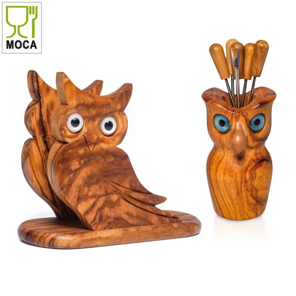 Eulen-Set mit Serviettenhalter & 6 Snackgabeln - 100% Olivenholz, handgefertigt in Italien - Für Fingerfood & Antipasti - 14x14x8cm