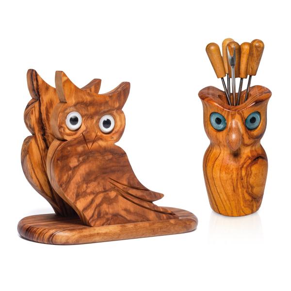 Eulen-Set mit Serviettenhalter & 6 Snackgabeln - 100% Olivenholz, handgefertigt in Italien - Für Fingerfood & Antipasti - 14x14x8cm