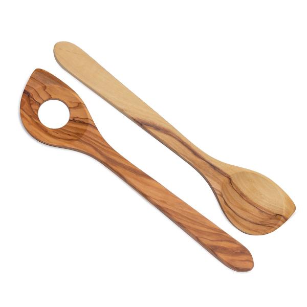 Olivenholz Kellenset 2-teilig - Rühr- & Lochkelle mit Spitze für Töpfe & Pfannen - 30cm - Handgefertigt in Italien - Unikate Maserung - Langlebig