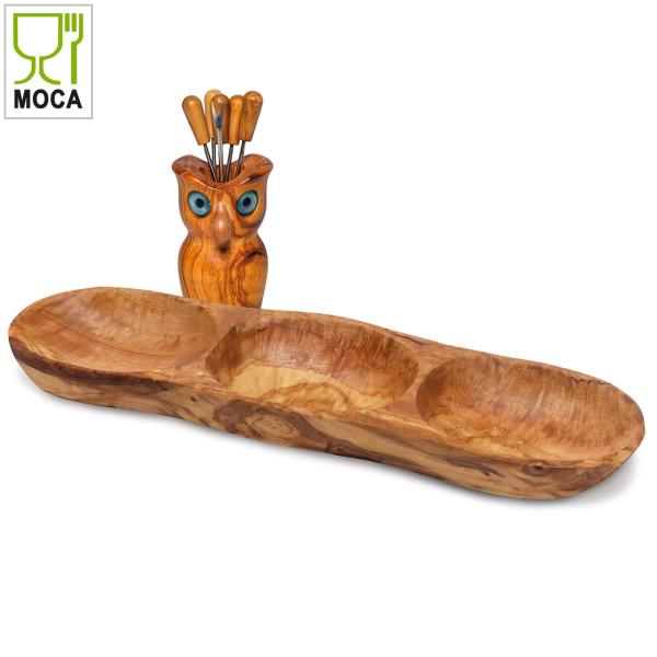 Knabber-Set Eule Olivenholz 8-teilig - Antibakterielle 3-Fächer-Snackschale & 6 Snackgabeln - Handgefertigt Italien - 33x10x7cm Schale, 12x8cm Eule