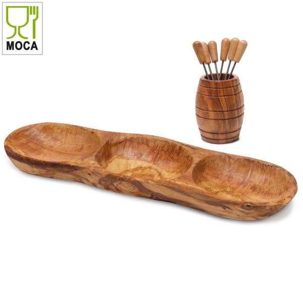Tapas-Set Fässchen Olivenholz - Apéro-Set mit 6 Snackgabeln - Handgefertigt, antibakteriell, 8-teilig, Made in Italy - 33x10x7cm Schale - 12x8cm Fässchen