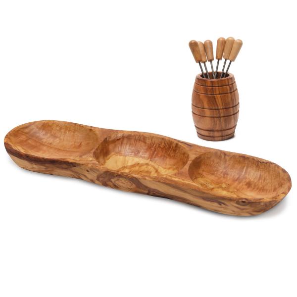Tapas-Set Fässchen Olivenholz - Apéro-Set mit 6 Snackgabeln - Handgefertigt, antibakteriell, 8-teilig, Made in Italy - 33x10x7cm Schale - 12x8cm Fässchen