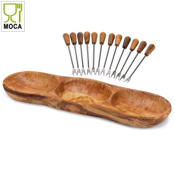 Tapas-Set 13-teilig aus Olivenholz - Handgefertigte Apéro-Schale 3 Fächer 33x10x7cm & 12 Partygabeln 10x4x3cm - Antibakteriell - Unikat