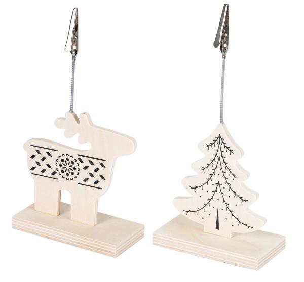 2er-Set Rentier & Weihnachtsbaum Clips aus Holz - Naturbelassen zum Beschriften Bemalen Bekleben - Dekoration mit praktischer Klammer - Braun/Natur