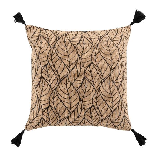 Kissenhüllen 2er-Set aus Jute & Baumwolle - Elegante Deko mit Bommel & Blatt-Muster - Für Sofa, Bett, Lounge - Braun/Schwarz, 40x40cm