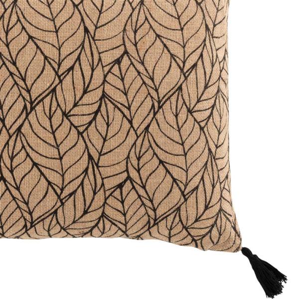 Kissenhüllen 2er-Set aus Jute & Baumwolle - Elegante Deko mit Bommel & Blatt-Muster - Für Sofa, Bett, Lounge - Braun/Schwarz, 40x40cm