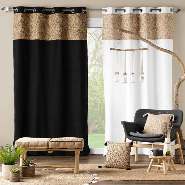 Kissenhüllen 2er-Set aus Jute & Baumwolle - Elegante Deko mit Bommel & Blatt-Muster - Für Sofa, Bett, Lounge - Braun/Schwarz, 40x40cm