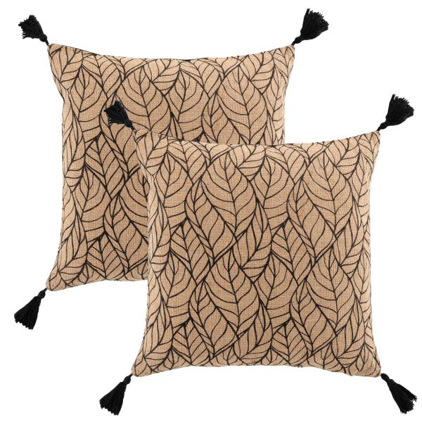 Kissenhüllen 2er-Set aus Jute & Baumwolle - Elegante Deko mit Bommel & Blatt-Muster - Für Sofa, Bett, Lounge - Braun/Schwarz, 40x40cm