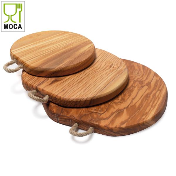 Rundes Olivenholzbrett 3er-Set - Schneidebrett & Servierplatte mit Kordel zum Aufhängen - Handgefertigt, Made in Italy - 18/21/25cm
