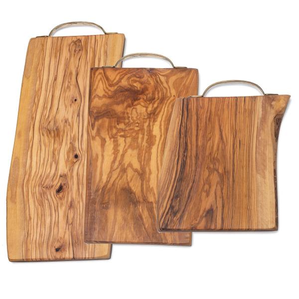 Olivenholz-Servierbretter 3er-Set - Rechteckig, handgefertigt & rustikal-edel - Messinggriff, 22x15x2,4cm, 30x16x2,4cm, 39x16x2,4cm, Unikate