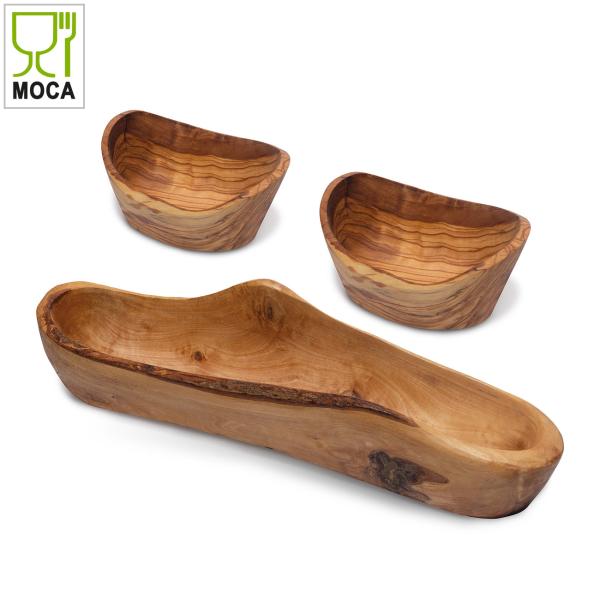 Olivenholz Brot- & Snack-Schalenset 3-teilig - Stilvoll Servieren von Brot, Tapas & Obst - Handgefertigt, Natur-Maserung, Made in Italy - L: 35cm / Ø 10x8cm