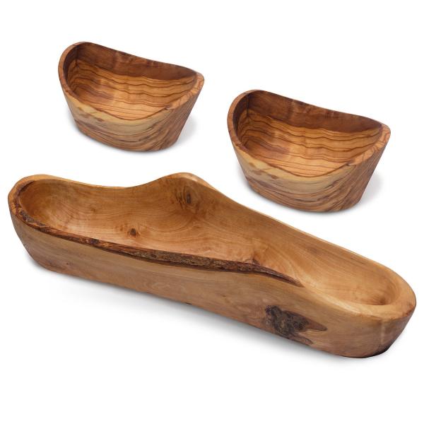 Olivenholz Brot- & Snack-Schalenset 3-teilig - Stilvoll Servieren von Brot, Tapas & Obst - Handgefertigt, Natur-Maserung, Made in Italy - L: 35cm / Ø 10x8cm