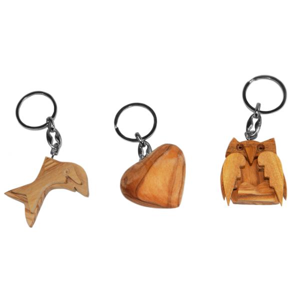 3er-Set Schlüsselanhänger Delfin, Eule und Herz, aus Olivenholz, braun, 5 x 5 cm