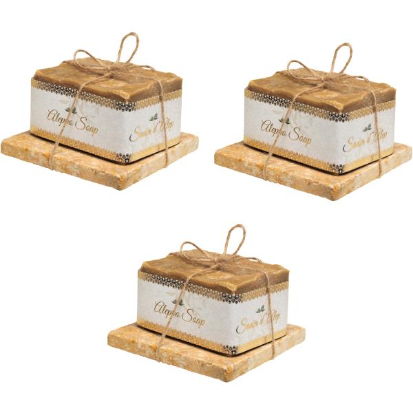 3er-Set Echte Aleppo-Seife - Handgemacht in Syrien, 100% natürlich, Olivenöl & Lorbeeröl - Pflegend & vegan mit Travertin-Seifenablage 10x10cm