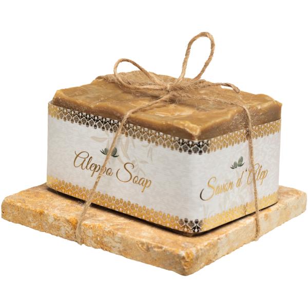 3er-Set Echte Aleppo-Seife - Handgemacht in Syrien, 100% natürlich, Olivenöl & Lorbeeröl - Pflegend & vegan mit Travertin-Seifenablage 10x10cm
