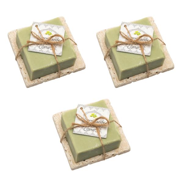 3er-Set Bio-Seife mit Oliven- & Lorbeeröl - Luxuriöse Hautpflege & tägliche Duschroutine - Inkl. handgefertigter Travertin-Seifenablage 10x10cm aus Troja