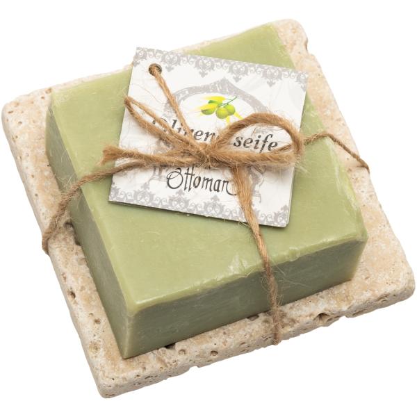 3er-Set Bio-Seife mit Oliven- & Lorbeeröl - Luxuriöse Hautpflege & tägliche Duschroutine - Inkl. handgefertigter Travertin-Seifenablage 10x10cm aus Troja