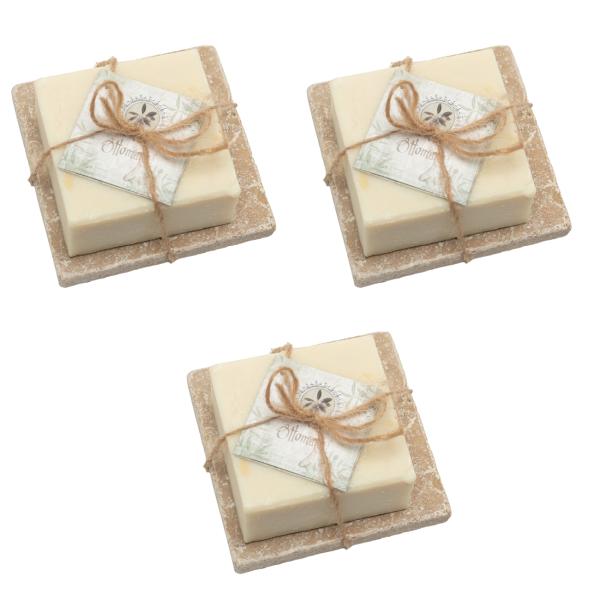 3er-Set Hamam-Seife mit Olivenöl und Travertin-Seifenablage - Luxuriöse Hautpflege für Bad & WC - Beige Seife, hellbraune Ablage 10x10cm aus Troja