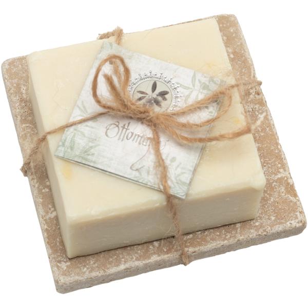 3er-Set Hamam-Seife mit Olivenöl und Travertin-Seifenablage - Luxuriöse Hautpflege für Bad & WC - Beige Seife, hellbraune Ablage 10x10cm aus Troja