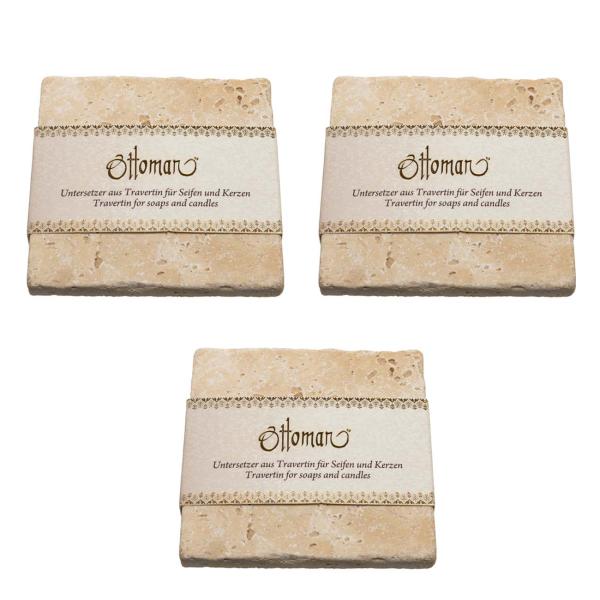 Travertin Seifenablage 3er-Set - Naturstein handgefertigt, unbehandelt, light-hellbeige, 10x10cm - Hygienisch, für Seife/Shampoo, auch Untersetzer