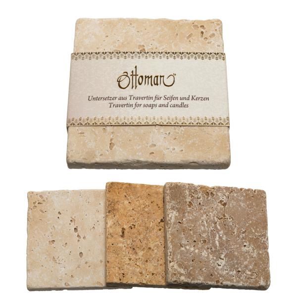 Travertin Seifenablage 3er-Set - Naturstein handgefertigt, unbehandelt, light-hellbeige, 10x10cm - Hygienisch, für Seife/Shampoo, auch Untersetzer