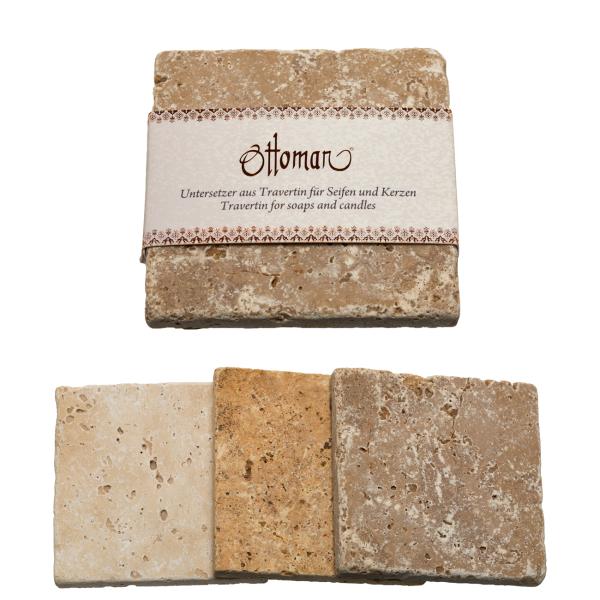 3er-Set Seifenablage aus Travertin - quadratisch, kräftig-braun, 10x10 cm - Handgefertigt, unbehandelter Naturstein, langlebig, hygienisch