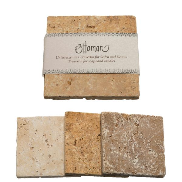 3er-Set Seifenablage aus Travertin - gold-gelb, quadratisch, 10x10cm - Handgefertigt, Naturstein, für Bad & WC, hygienisch, langlebig - ideal als Untersetzer