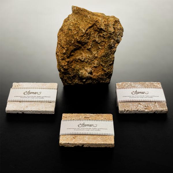 3er-Set Seifenablage aus Travertin - gold-gelb, quadratisch, 10x10cm - Handgefertigt, Naturstein, für Bad & WC, hygienisch, langlebig - ideal als Untersetzer