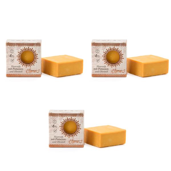 3er-Set Haarseife mit Pistazien- & Olivenöl - 100% Natur, vegan, palmölfrei - Für trockenes Haar & Kopfhaut - 3x 190g