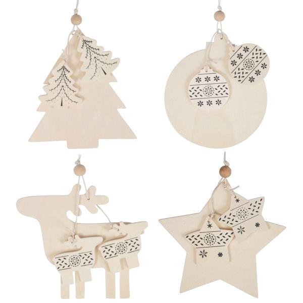 4er-Set Holz-Anhänger Weihnachten - Rentier, Weihnachtskugel, Christbaum & Stern - Natur zum Beschriften/Bemalen - Deko für Baum, Geschenke & Tisch