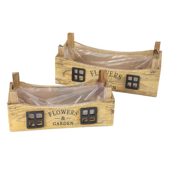 Pflanzkisten 2er-Set aus Holz Flowers & Garden - Vintage Used Look mit Innenfolie - Ideal für Balkon & Fensterbank - 26x11x12cm & 31x12x15cm