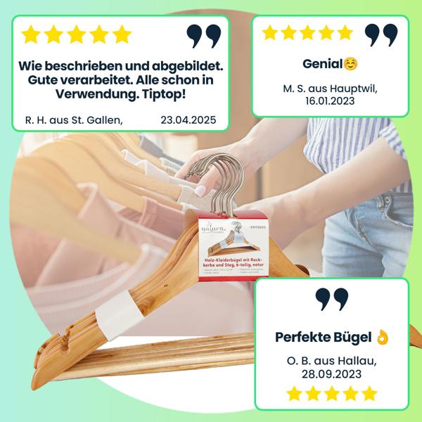 Kleiderbügel Holz 8er-Set - platzsparend, drehbarer Haken, 3-in-1 Funktion für Röcke & Hosen - Tanne/Kiefer/Ahorn, braun/natur/silber, 137 Zeichen