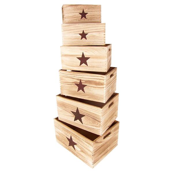 Deko-Holzboxen "Stern" 6er-Set - Paulownia-Holz, stapelbar, mit Griffaussparungen - Ordnungsboxen für diverse Utensilien & Deko - 40x22x30cm bis 25x12x15cm