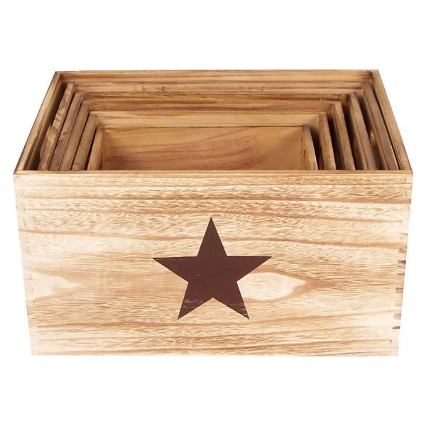 Deko-Holzboxen "Stern" 6er-Set - Paulownia-Holz, stapelbar, mit Griffaussparungen - Ordnungsboxen für diverse Utensilien & Deko - 40x22x30cm bis 25x12x15cm