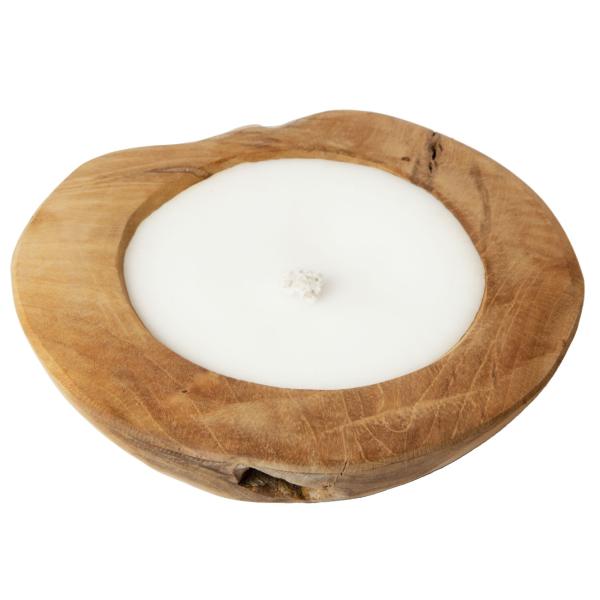 Teakholz-Kerzenschale - Tischkerze mit Wachs gefüllt - Ø 20x7cm - Handgefertigt, massives Teakholz aus Blora East Java, Unikat für Terrasse, Balkon & Garten