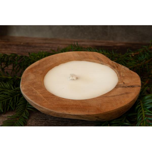 Teakholz-Kerzenschale - Tischkerze mit Wachs gefüllt - Ø 20x7cm - Handgefertigt, massives Teakholz aus Blora East Java, Unikat für Terrasse, Balkon & Garten