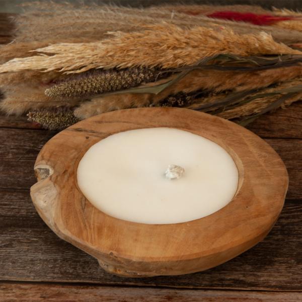 Teakholz-Kerzenschale - Tischkerze mit Wachs gefüllt - Ø 20x7cm - Handgefertigt, massives Teakholz aus Blora East Java, Unikat für Terrasse, Balkon & Garten