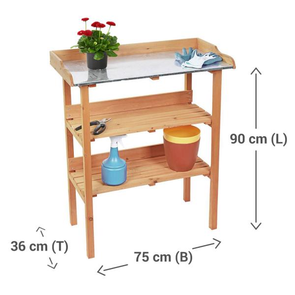 Pflanztisch Tannenholz - Verzinkte Metall-Arbeitsplatte, 2 Ablagen - Ergonomisch 75x90x36cm, Rückenschonend - Ideal für Terrasse & Gewächshaus