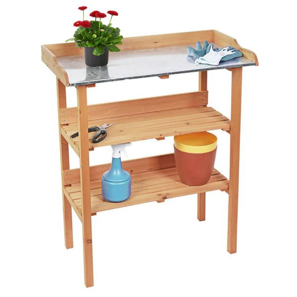 Pflanztisch Tannenholz - Verzinkte Metall-Arbeitsplatte, 2 Ablagen - Ergonomisch 75x90x36cm, Rückenschonend - Ideal für Terrasse & Gewächshaus