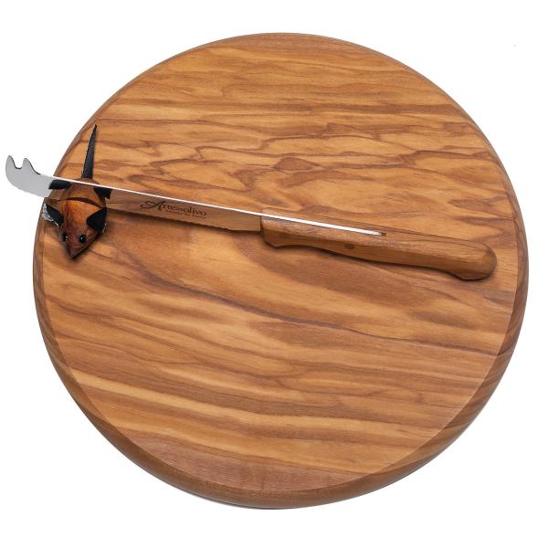 Rundes Olivenholzbrett mit Maus & Messer - Handgefertigt, schnittfest, antibakteriell - Ideal als Brotzeitbrett, Käsebrett, Frühstücksbrett, Geschenk