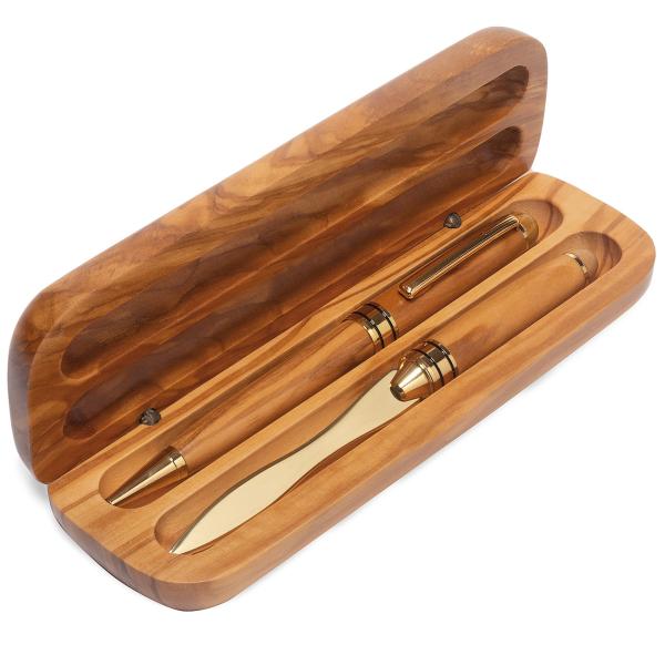Olivenholz Büro-Set - Elegante Holzbox mit Kugelschreiber & Brieföffner - Handgefertigt, 17x6cm, aus Italien, Unikat, Geschenk - CHT5058