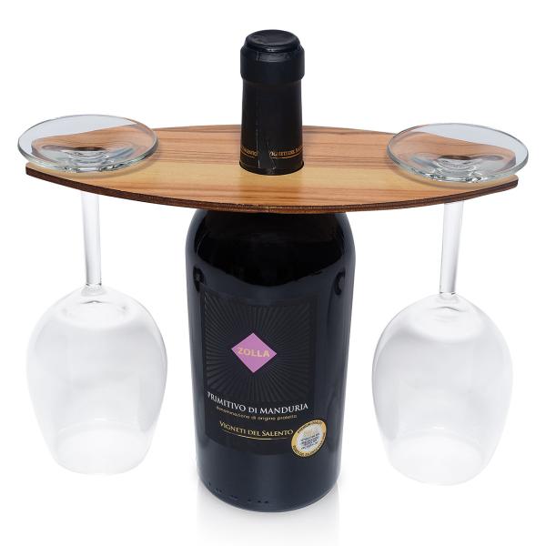 Olivenholz Wein-Caddy Flaschenhalter - für zwei Weingläser - 25x11cm Holztablett - Handgefertigt, schnittfest & umweltfreundlich - ideales Geschenkset