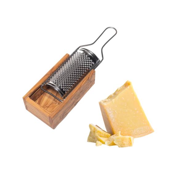 Käsereibe Olivenholz - Parmesanreibe mit Servierfach, 24,5 cm, für Käse, Nüsse & Brot - Handgefertigt, schnittfest, Italien