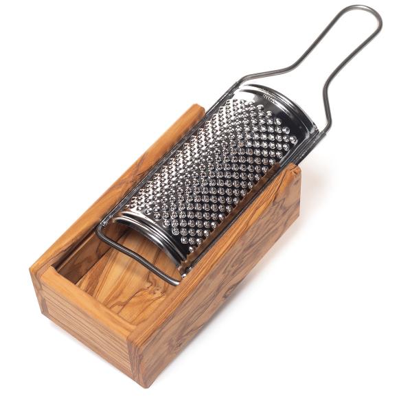 Käsereibe Olivenholz - Parmesanreibe mit Servierfach, 24,5 cm, für Käse, Nüsse & Brot - Handgefertigt, schnittfest, Italien