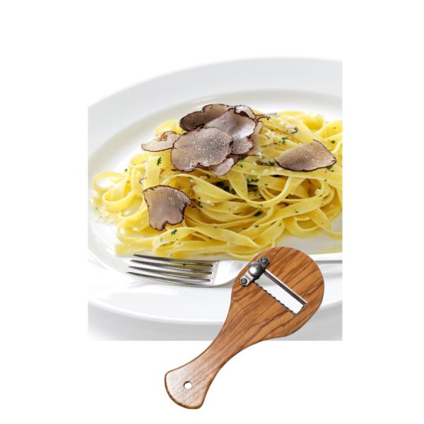 Olivenholz Trüffelreibe - Trüffelhobel mit verstellbarer Stahlklinge & Wellenschliff - für Trüffel, Parmesan, Gemüse - 20x9cm - Handgefertigt, Made in Italy