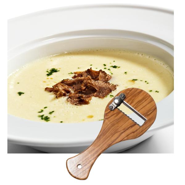 Olivenholz Trüffelreibe - Trüffelhobel mit verstellbarer Stahlklinge & Wellenschliff - für Trüffel, Parmesan, Gemüse - 20x9cm - Handgefertigt, Made in Italy