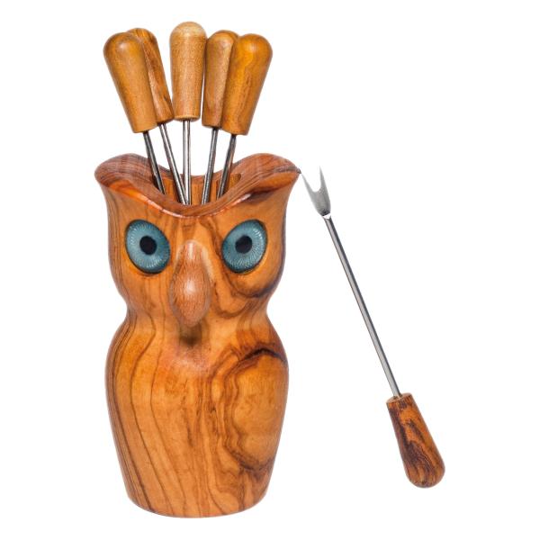Olivenholz Eule mit 6 Pieksern - Für Fingerfood & Antipasti - Handgefertigt, 100% Natur, 12x8cm, MOCA-zertifiziert, Italien