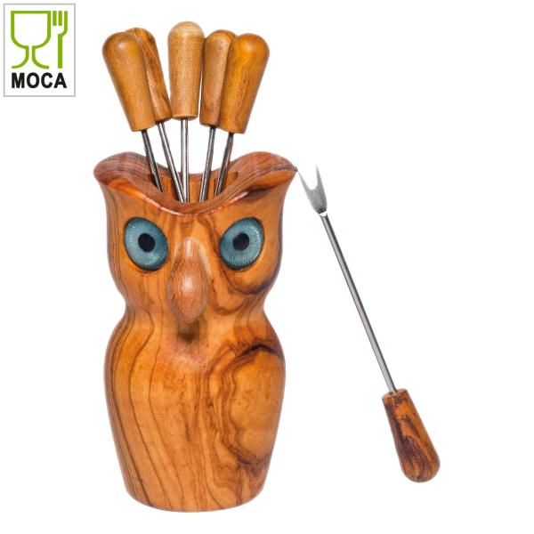 Olivenholz Eule mit 6 Pieksern - Für Fingerfood & Antipasti - Handgefertigt, 100% Natur, 12x8cm, MOCA-zertifiziert, Italien